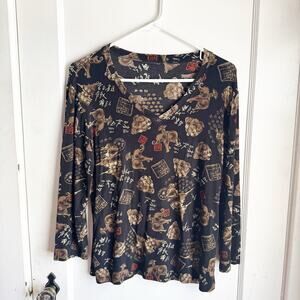 Chico’s Travelers V-neck Sleek Stretch Asian Print Top Buddha Elephants See Note